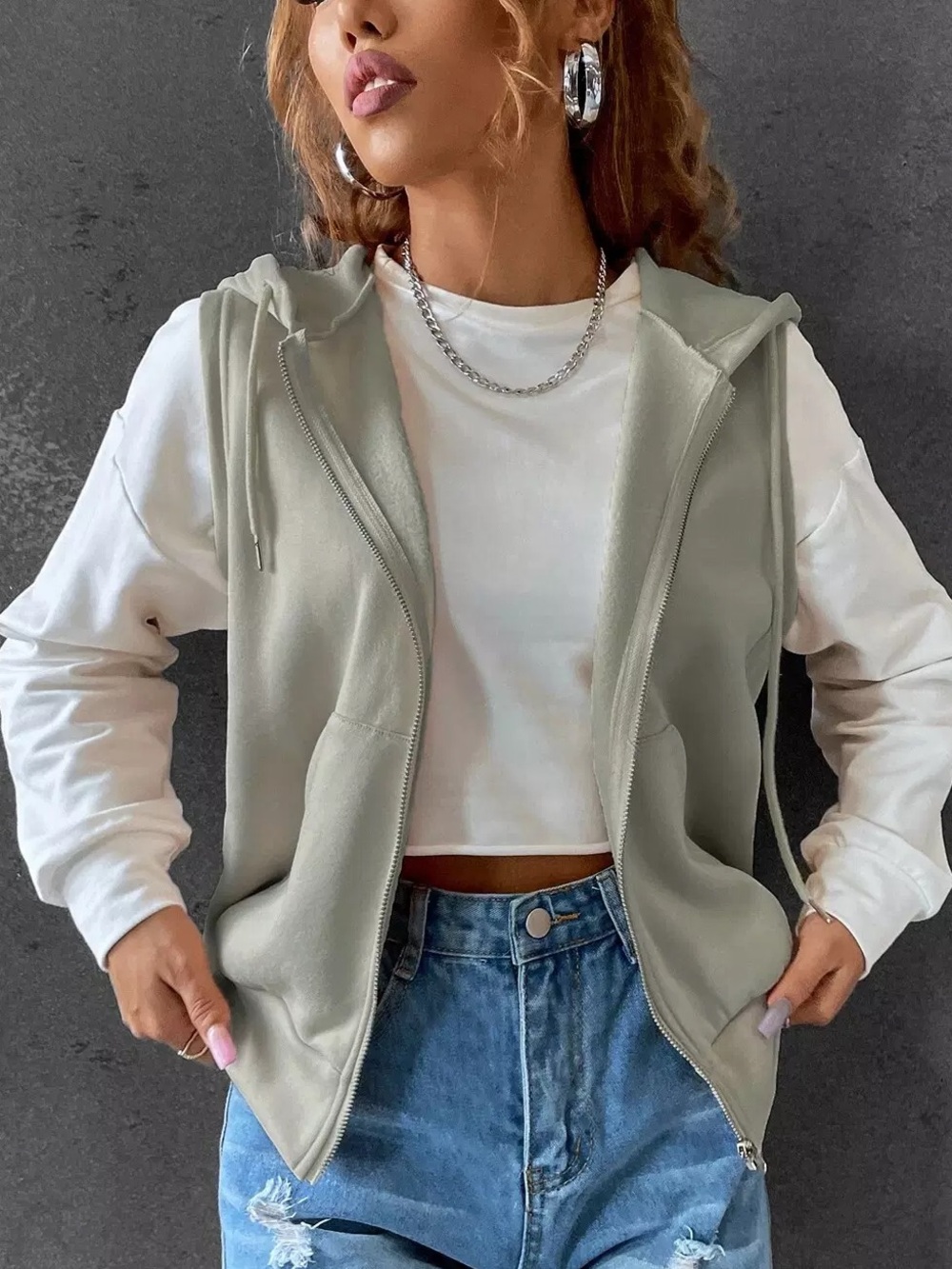 NWT Brandy Melville Light Sage Sleeveless Zip Hoodie Vest XS Small